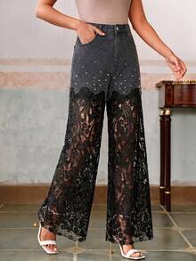 Anewsta Fashionable & Elegant Lace Rhinestone Embellished Denim Jeans - Black - View 4