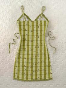 GlowEve Sweet Striped Floral Contrast Lace Trim Camisole Mini Dress - Green - View 2