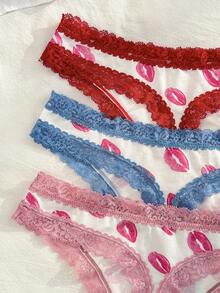 PetitDoll 3pcs/Pack Women's Lace Patchwork Hot Pink Comfortable Thong Panties Set Summer Cute - Multicolor - View 5