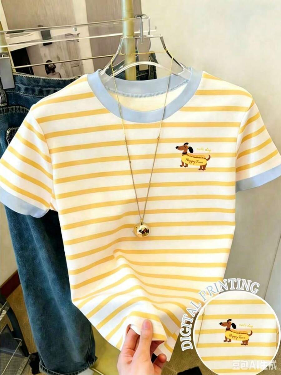 可爱卡通腊肠犬印花圆领短袖T恤,适合青少年女孩,黄白条纹,百搭单品,春、夏、秋季皆宜。 - 彩色 - 查看 1