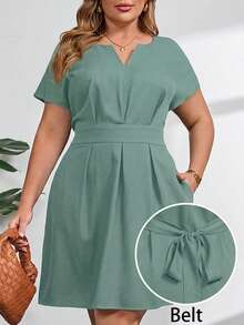 SHEIN Clasi Plus Size Solid Color Notched Neck Belted Elegant Summer Dress For Women - Mint Green - View 1