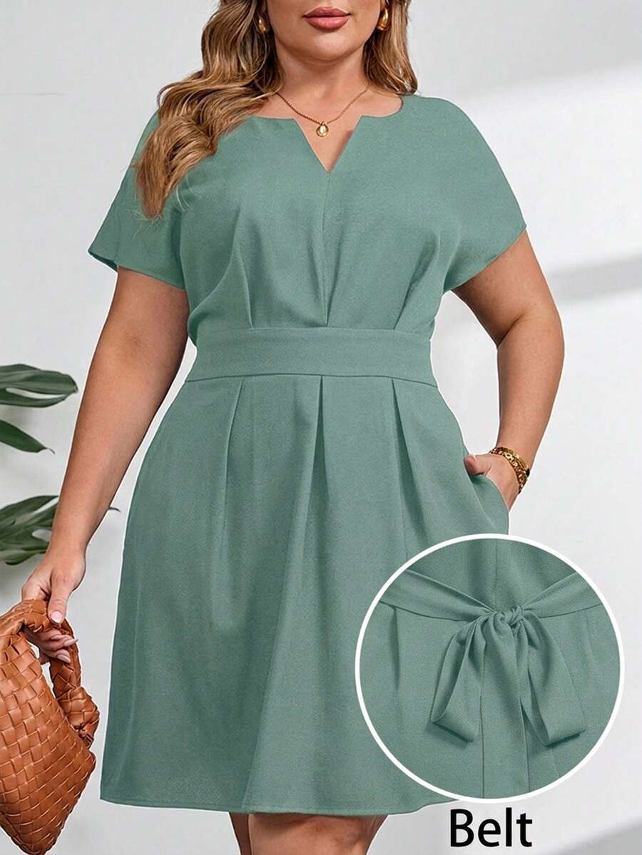 SHEIN Clasi Plus Size Solid Color Notched Neck Belted Elegant Summer Dress For Women - Mint Green - View 1