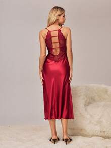 HautHeat Women's Backless Lace Trim Faux Silk Nightgown - Burgundy - View 2