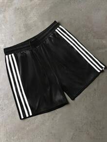 PAVTROS Quần short nam mùa hè phong cách casual sọc phối ghép, cạp chun dây rút, đi du lịch - màu đen - Xem 4