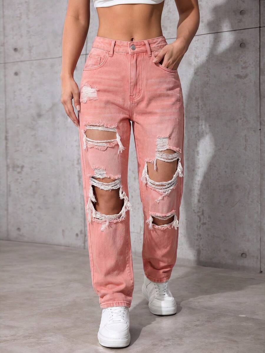 INAWLY Solid Color Distressed Slant Pocket Casual Sexy Straight Leg Jeans Swimming Pastal Summer - Coral Pink - View 1