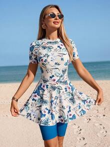 Swim Mulvari 2pcs Women's Blue & White Floral Chinoiserie Print Mini Skirt & Camisole Bikini Set, Elegant Casual For Spring/Summer Beach Party Holiday - Dark Green - View 1