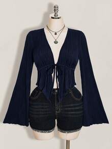 SHEIN ICON Plus Size Women Textured Black Front Tie Top - Navy Blue - View 4
