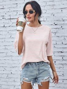 EMERY ROSE Raglan Sleeve Striped Print Tee Graphic Tees Women Tops - Pink - View 4
