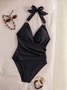 Swim Chiccia Neuankömmling Luxus eleganter heller/milchbrauner Neckholder Badeanzug, sexy tiefer V-Ausschnitt Bikini mit hochwertigem Goldring Detail, geraffter Taille Bauchkontrolle, Schleifenrücken, hoher ausgeschnittener frecher Schnitt, körperformender Badeanzug, weiches dehnbares Material, minimalistisches Design, retro Y2K Spice Hot Girl Stil Bademode, Bräunungsbadeanzug für Sommer Strandurlaub, Pool Party, Musikfestival, tropische Küstenbrunch Ausflüge, Küsteninsel Urlaub und moderne Vibes - Schwarz - Übersicht 7