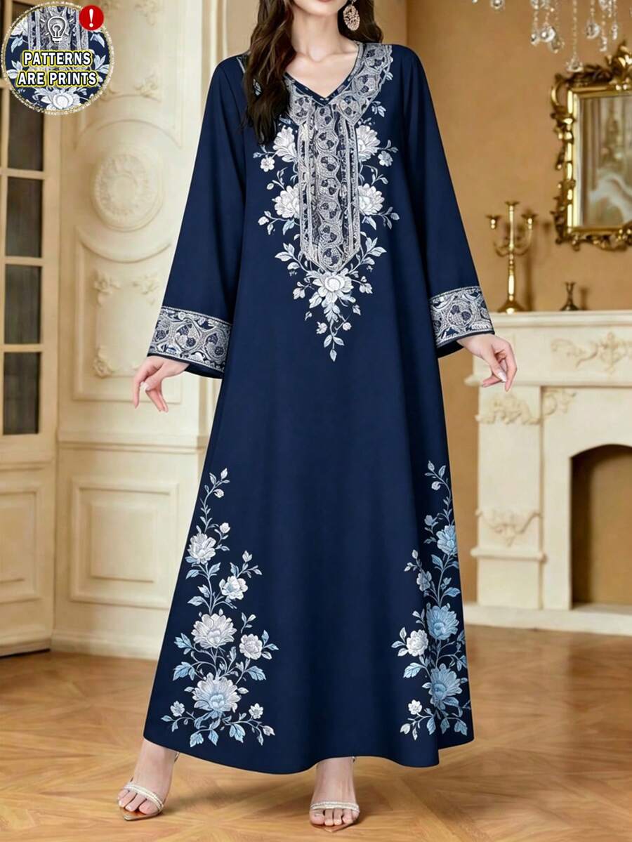 SHEIN Najma 优雅花卉几何印花连衣裙,V领长袖端庄连衣裙,优雅阿拉伯风格春夏服装 - 彩色 - 查看 1