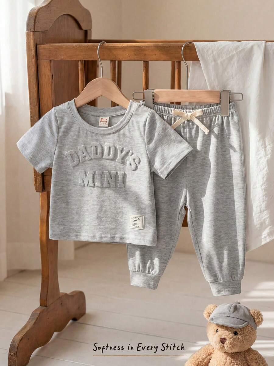 Cozy Pixies 2pcs Baby Boy Letter Pattern Knit Soft Round Neck Short Sleeve Top And Elastic Waist Pants Set - Grey - View 1
