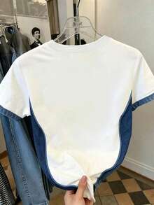 Resyla Kaos Wanita Kasual Motif Patchwork Denim, Leher Bulat, Lengan Pendek, Musim Panas - Putih - View 2