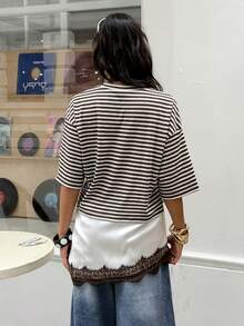 Muchica Brown Stripe Stripe Knit Patchwork Satin Lace Women T-Shirt Everyday Summer Casual Streetwear Back-To-School Student Daily - Multicolor - View 2
