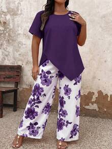 Breezaya Plus Size Solid Color Asymmetric Hem Short Sleeve Top And Floral Print Long Pants 2-Piece Set - Violet Purple - View 5