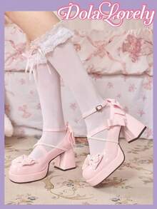 Dola Lovely Giày nữ, giày cao gót hồng, Mary Jane mũi kín đế bánh mì, giày Lolita Goth, nơ, giày JK ngọt ngào. - Mặt da màu hồng đơn giản - Xem 4