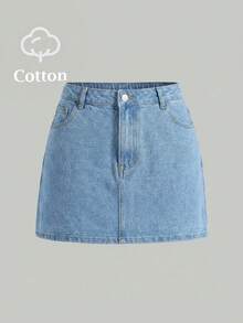SHEIN MOD 大码夏季休闲牛仔裙 - 淺色水洗藍 - 查看 1