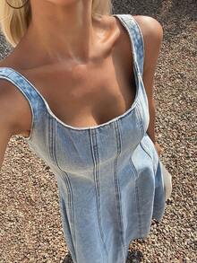 Livesso Đầm denim dự tiệc thường ngày dành cho nữ - Màu xanh lam - Xem 6