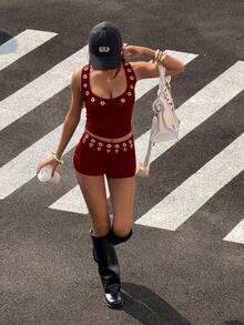 Bitrose Streetwear Wanita Musim Panas Set 2 Potong Rompi Tanpa Lengan dengan Dekorasi Lubang Kancing dan Celana Pendek Pinggang Rendah - Merah - View 5