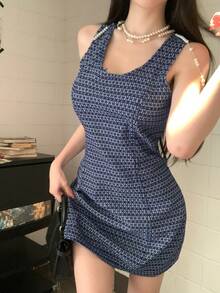 Joudiya Đầm kiểu vest kẻ caro xanh nhạt cổ điển, thanh lịch cho ngày Valentine, đám cưới, tiệc tùng, các dịp trang trọng, thời trang công sở, đầm denim ngắn ôm eo dành cho nữ, đầm hè cho nữ. - Rửa trung bình - Xem 7