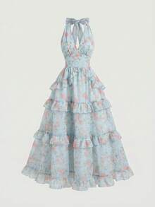 SHEIN MOD 女士优雅印花荷叶边露背连衣裙，夏季 - 淺藍色 - 查看 3