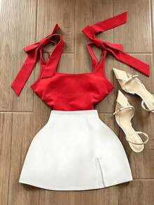 SHEIN PariChic 2件組女款優雅套裝：蝴蝶結肩帶修身上衣 + 白色開衩迷你裙，輕便休閒時尚套裝，適合春夏日常、約會、上班 - 紅色 - 查看 3