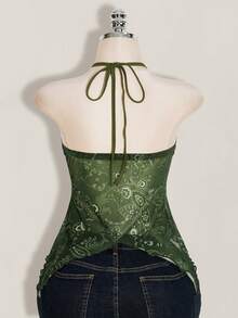 SHEIN ICON Plus Size Retro Boho Y2K Style Seashell Decor Asymmetrical Hem Camisole Dress, Paisley Vintage Print Beach Vacation Holiday, Summer Olive Green - Green - View 9