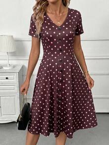 SHEIN Clasi Đầm ngắn tay cổ chữ V in họa tiết chấm bi dành cho nữ - Màu Tím - Xem 4