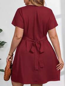 Clasi Vestido de verano elegante para mujer de talla grande con cuello con muesca y lazo en la cintura, vestidos de verano para mujer, vestido negro, vestido de graduación, vestidos fo - Burdeos - Ver 2