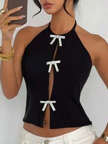 DAZY Top corto y ajustado con escote halter, sin espalda, elegante y sexy, con lazo de strass para mujer, ideal para el verano - Negro - Ver 4