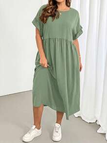 Shapeblank Plus-Size Women's Spring/Summer Fashionable Casual Loose Comfortable Everyday Basic Versatile Slimming Ruffled Sleeves Pocket Black Midi Dress,Simple Style,Summer Outfits,European Summer - Green - View 4