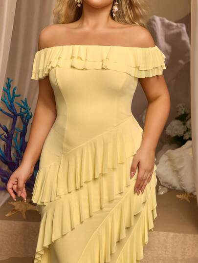 Glamrae Plus Size Elegant Romantic Pale Yellow Asymmetrical Ruffle Hem Off-Shoulder Fitted Mermaid Hem Dress, Suitable For Evening Party, Gala, Vacation, Wedding Events