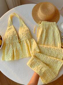 Comfortcana Bộ đồ nữ gồm áo cổ yếm xếp ly và quần ống rộng chất liệu jacquard, kiểu dáng thường ngày. - Màu Khaki - Xem 6