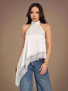 SHEIN PETITE 女款優雅性感蕾絲拼接不對稱下擺掛脖上衣，夏季上衣，適合嬌小女性 - 白色 - 查看 3