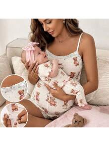 2pcs/Set Maternity Contrast Lace Cute Bear Camisole And Adjustable Waist Shorts, Casual Outfit - White - View 1