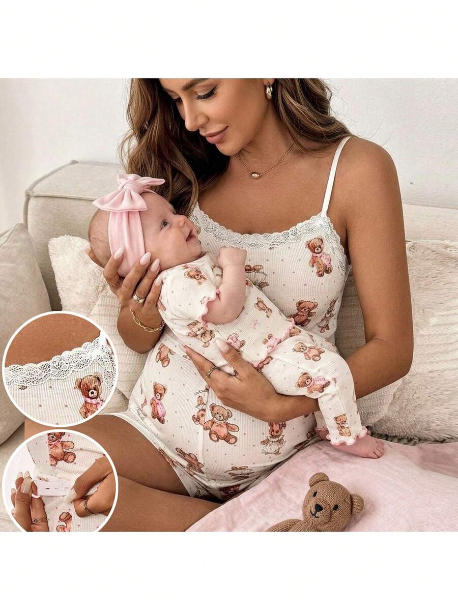 2pcs/Set Maternity Contrast Lace Cute Bear Camisole And Adjustable Waist Shorts, Casual Outfit - White - View 1