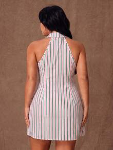 Rustia Vestido de verano de moda para mujer de talla grande con rayas bordadas, cuello bordado, bajo bordado, cintura ceñida y sin mangas - Rosa - Ver 2