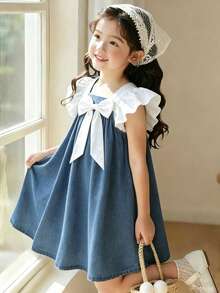 Elladie kids 少女休閒優雅牛仔洋裝，柔軟花卉圖案設計配上飄逸袖 - 藍色 - 查看 6