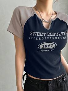 DAZY Letter Graphic Notched Neckline Contrast Raglan Sleeve Crop Tee - Navy Blue - View 5