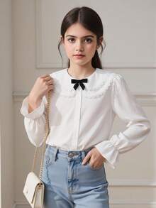 SHEIN 少女白色雙層彼得潘領優雅長袖學院風正式襯衫，適合學校、開學季、正式場合、表演、姐妹聚會，蕾絲拼接領設計，淑女風上衣 - 白色 - 查看 7