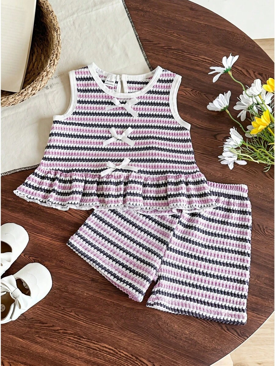 SHEIN Baby Girls' Round Neck Sleeveless White & Pink Striped Bow Decor Set - Purple - View 1