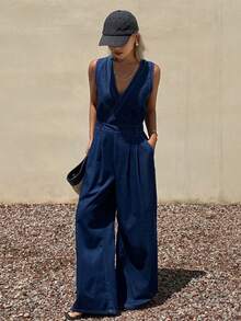 Livesso Pantalones casuales azul desgastado para mujer, de estilo casual de negocios suelto, jeans de pierna recta y ancha, petos y monos para primavera/verano - Azul lavado oscuro - Ver 4