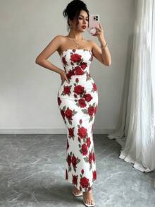 Elenzga Đầm không tay xẻ cao in họa tiết hoa hồng - Màu Hồng Tươi - Xem 7