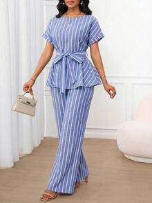 SHEIN Lady Bộ đồ nữ đa năng gồm áo sơ mi kẻ sọc buộc dây và quần dài thường ngày. - Màu xanh lam - Xem 4