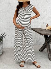 SHEIN Bộ áo liền quần kẻ sọc dành cho bà bầu, có chức năng cho con bú, thích hợp mặc hàng ngày. - Đen và trắng - Xem 5