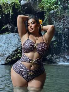 Swim SXY 2026 Leopard Print One-Piece Swimsuit, Hollow-Out Digital Printing Swimwear With Adjustable Straps For Summer, Beach Beach Vacation, Holiday - Multicolor - View 5