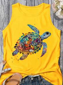 SHEIN LUNE Plus Size Women Turtle Print Round Neck Casual Versatile Daily Wear Top - Yellow - View 3
