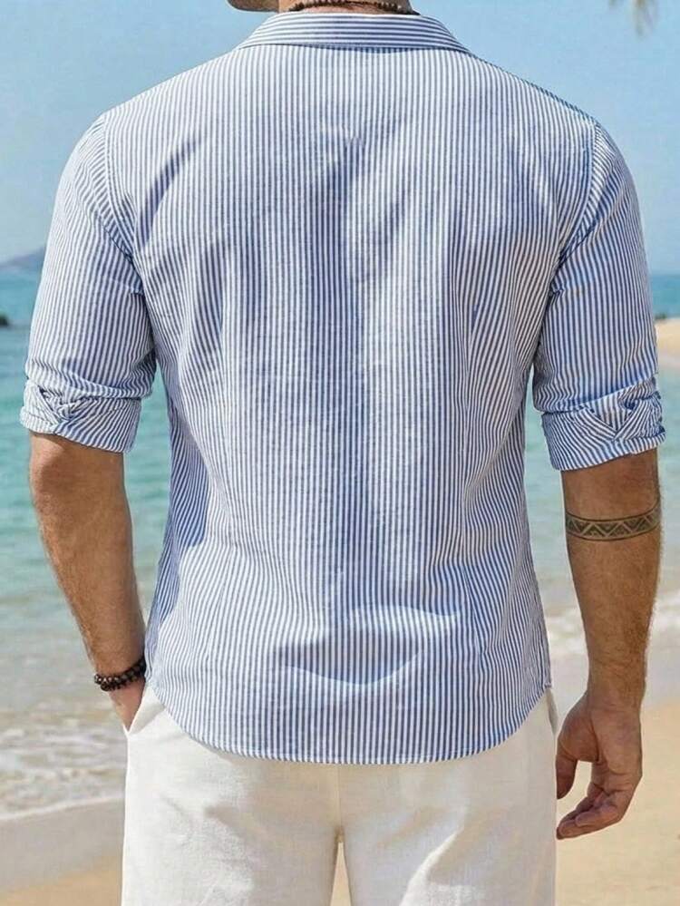 Plus Size Men Striped Single-Breasted Casual Versatile Daily Wear Shirt