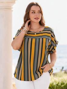 Rosumi Damen Große Größen Sommer Lässig Urlaub gestreifter Patchwork Rundhals Kurzarm Bluse - Verschiedenfarbig - Übersicht 6