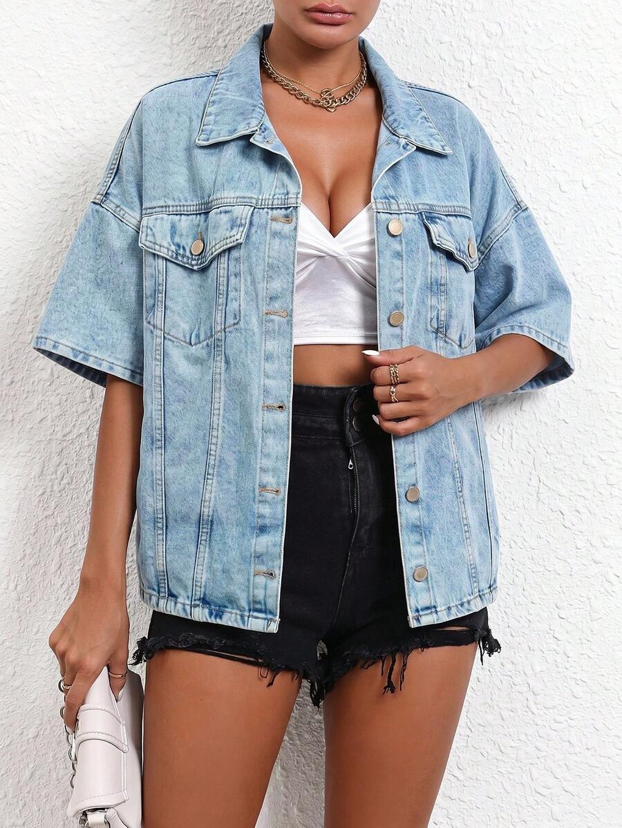 KOT YELEK Solid Color Casual Elegant Sexy Denim Pocket Button Front Coat, Suitable For Spring, Autumn, Summer, Relaxed, Sports