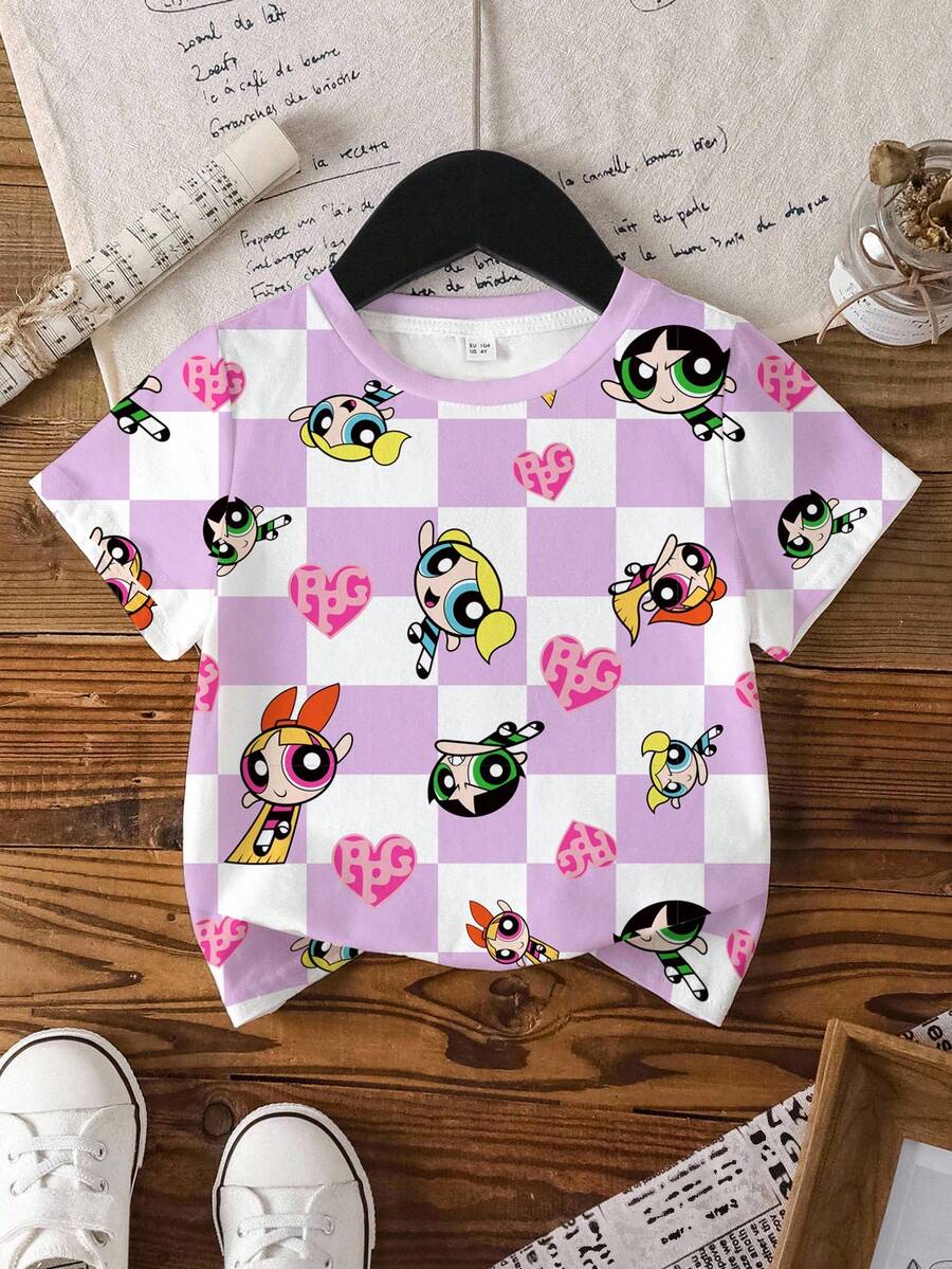THE POWERPUFF GIRLS X SHEIN 女童休闲格子卡通印花T恤,夏季 - 白色 - 查看 1